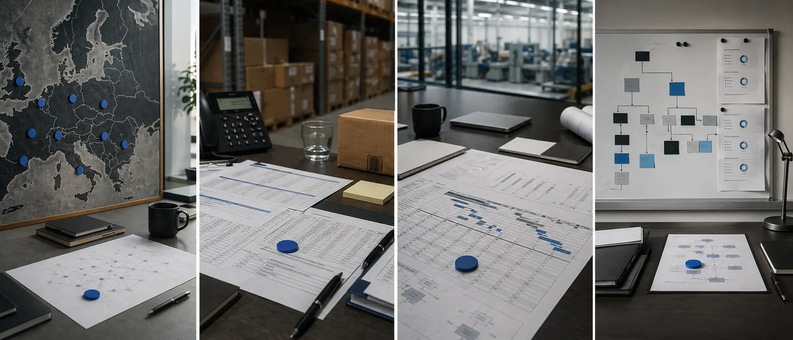 Quattro contesti operativi B2B con mappe territoriali, distribuzione, pianificazione e workflow.